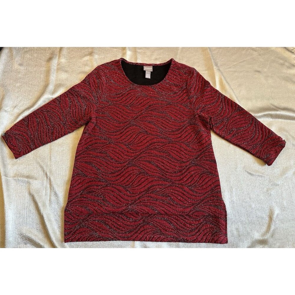 CHICO'S Womens Sz 1 Pull Over Sweater Red Glitter 3/4 Sleeve Leaf Floral Pattern
